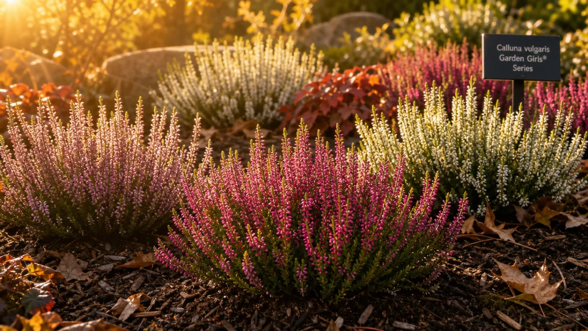 a sunlit heather garden bed with mixed Calluna varieties in autumn, warm…