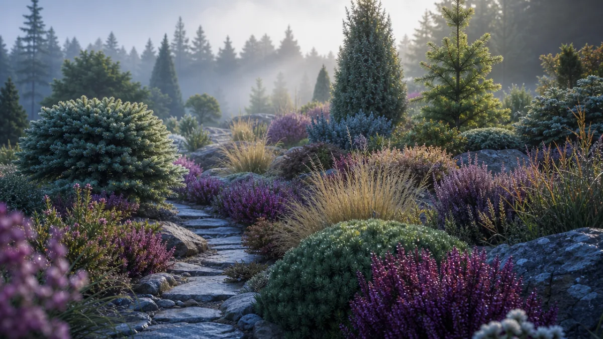 a beautifully designed heather garden with dwarf conifers and ornamental grasses, cool…