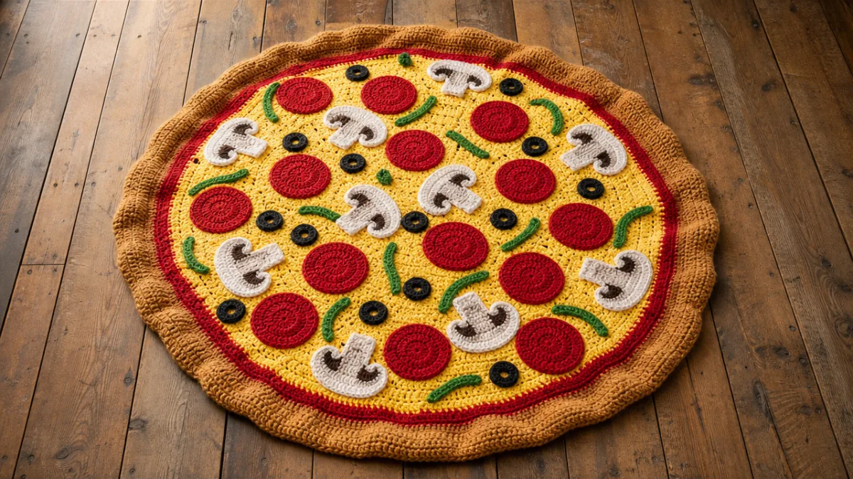 a vibrant handmade crochet pizza blanket laid flat on a rustic wooden…