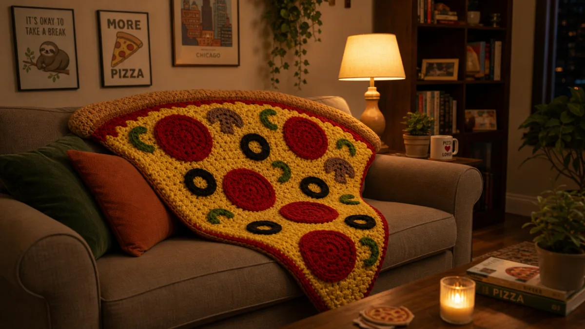 a cozy living room couch draped with a colorful crochet pizza slice…