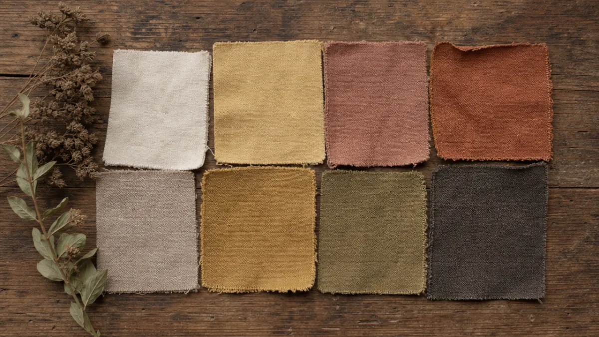 a flat lay of naturally dyed canvas swatches in earthy tones, soft…