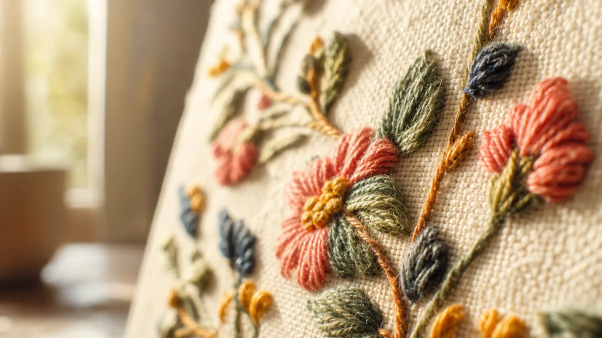 close-up of embroidered canvas with colorful thread details, warm afternoon window light,…