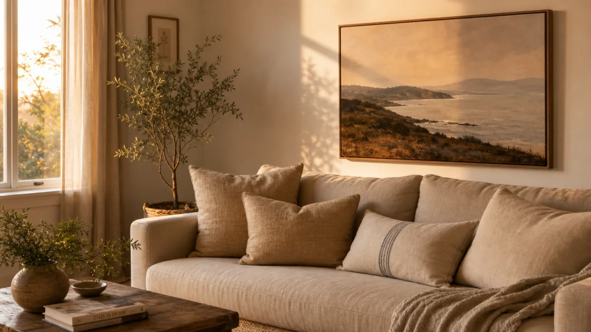 a cozy living room corner with canvas wall art and natural linen…