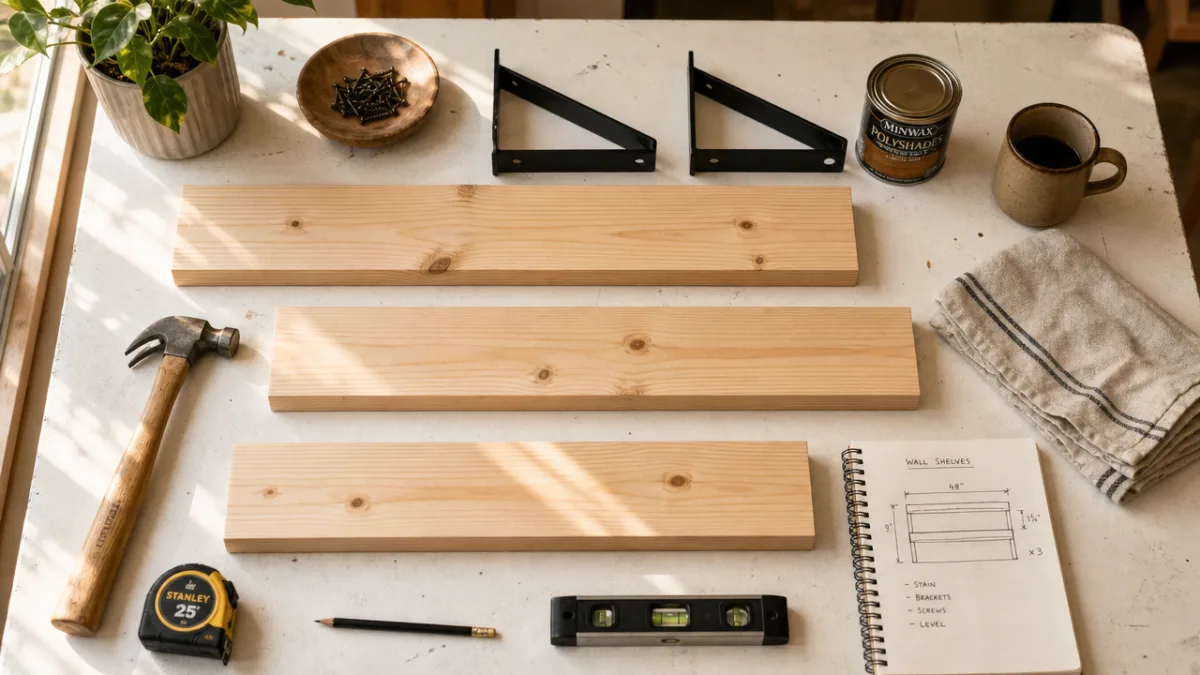a flat lay of wooden shelf supplies on a white workshop table,…