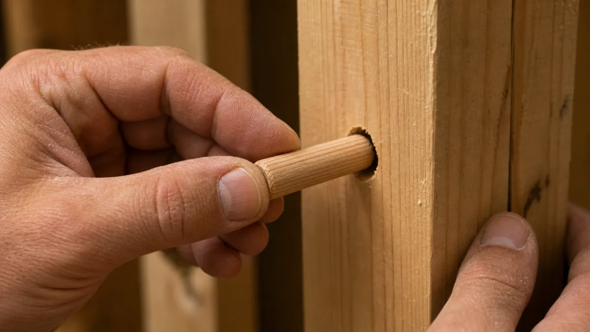 close-up of hands installing a wooden dowel into a wall stud hole,…