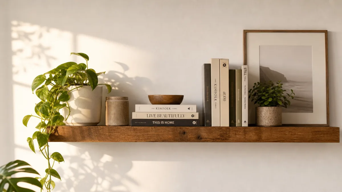 a styled floating wooden shelf on a white wall displaying plants and…
