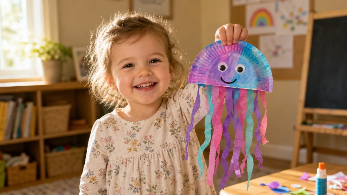 a smiling toddler holding up a colorful paper bowl jellyfish craft, warm…