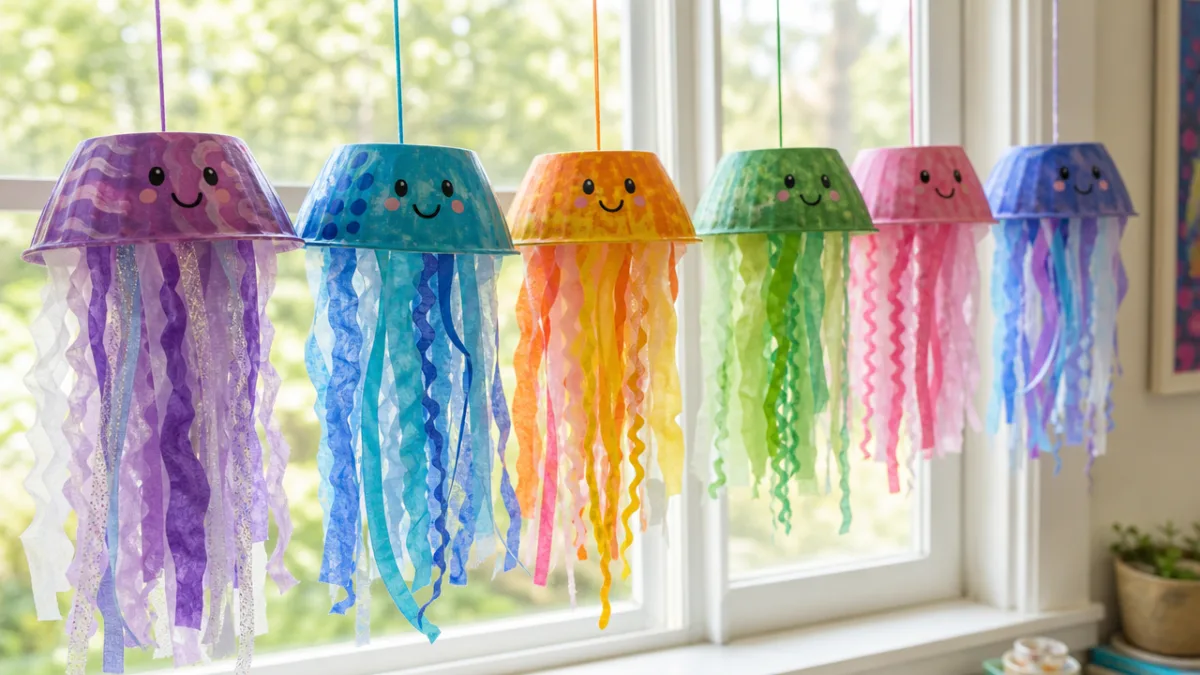 a row of colorful finished paper bowl jellyfish hung near a sunlit…