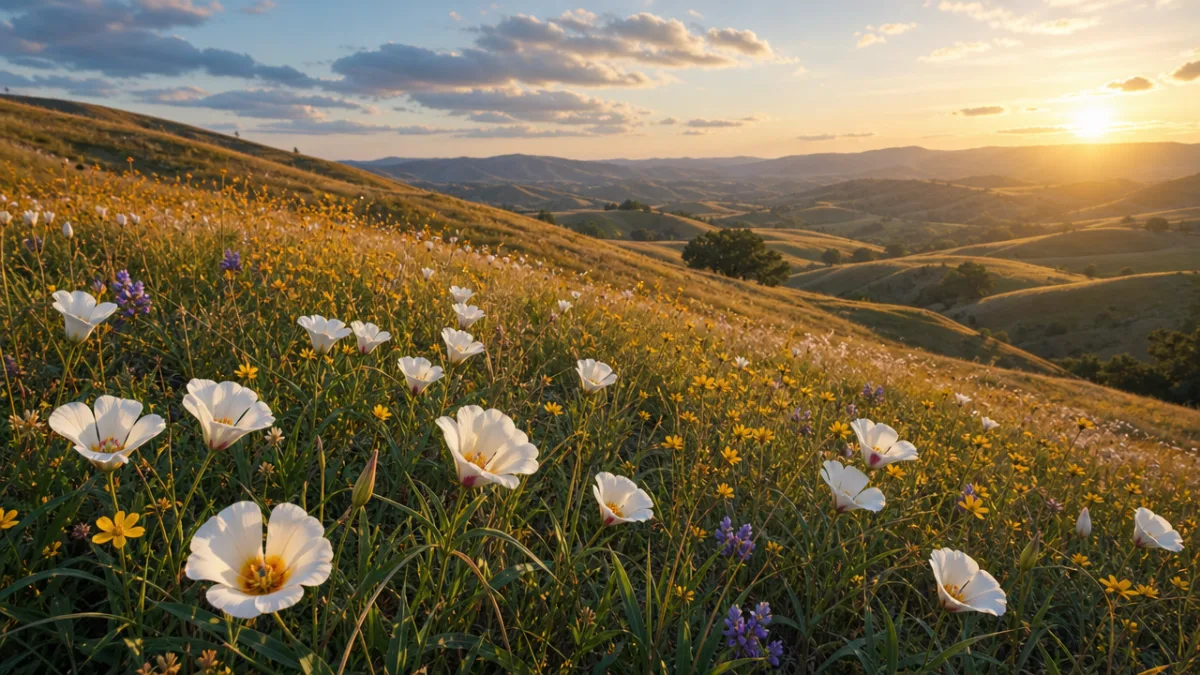 a wide California grassland hillside in bloom with scattered Mariposa lilies, golden…