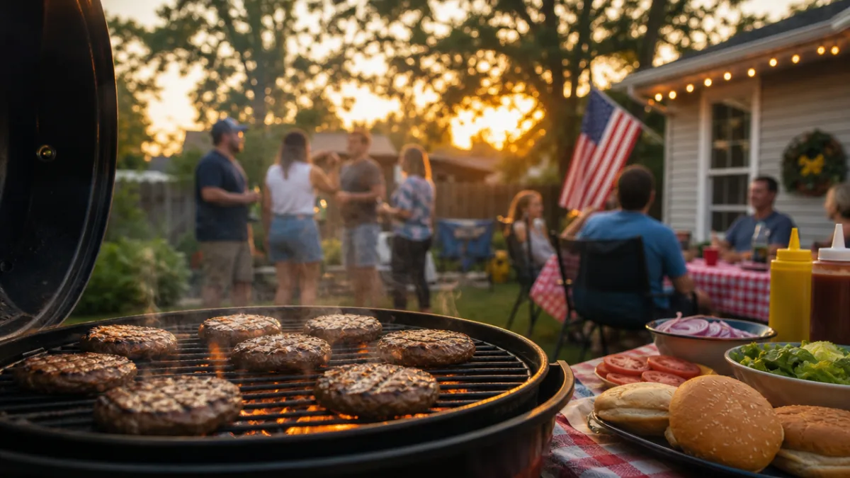 a classic American backyard barbecue scene with burgers sizzling on a grill,…