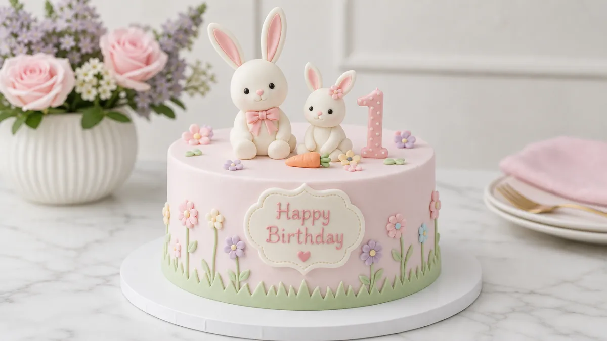 a pastel-colored birthday cake decorated with bunny fondant figures on a white…
