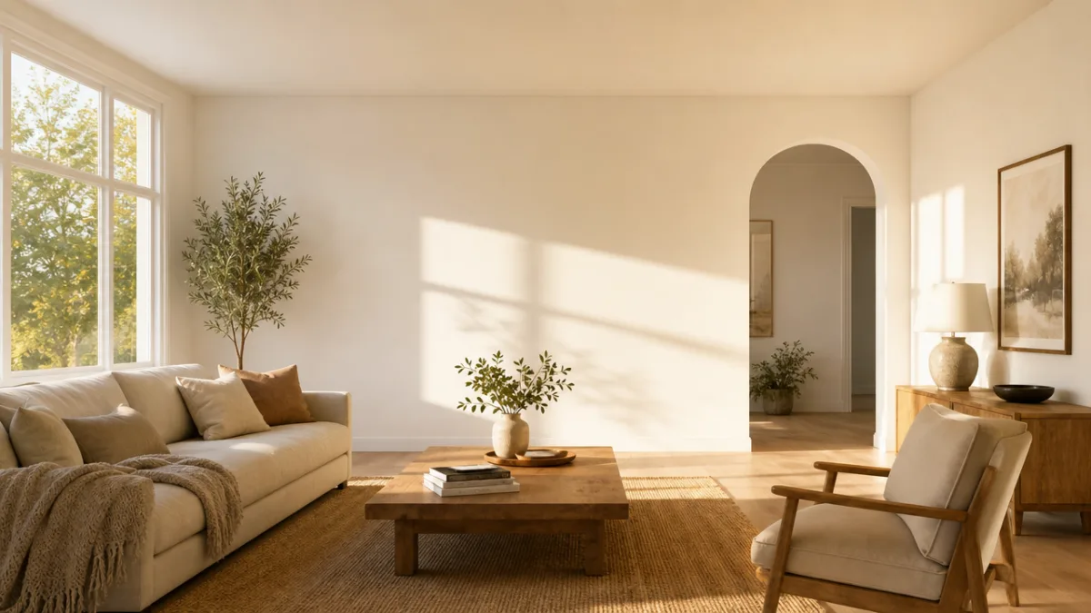 a cozy living room with blank white walls bathed in warm afternoon…