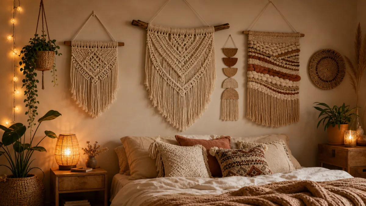 a warm bohemian bedroom wall adorned with macramé hangings and woven fiber…