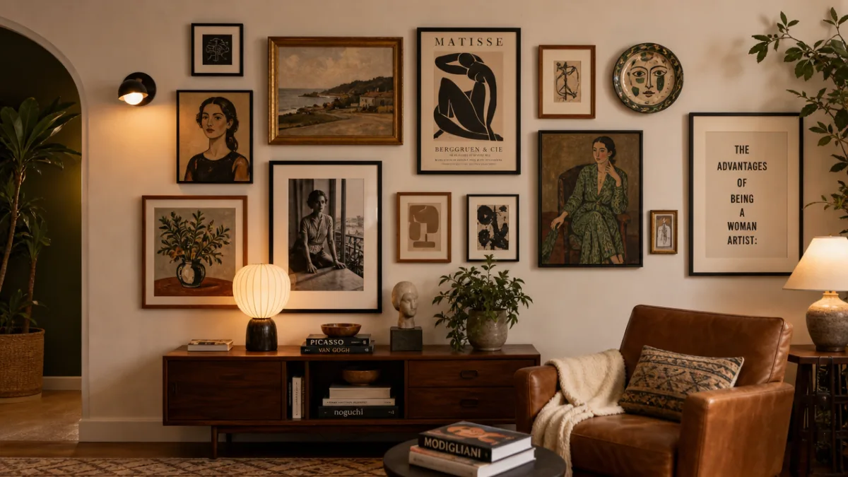 a stylish gallery wall with mixed frames and artwork arrangements, lit by…