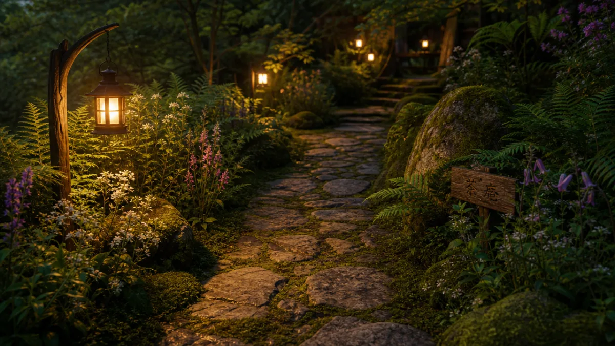 a winding mossy stone garden path at dusk with soft warm lantern…
