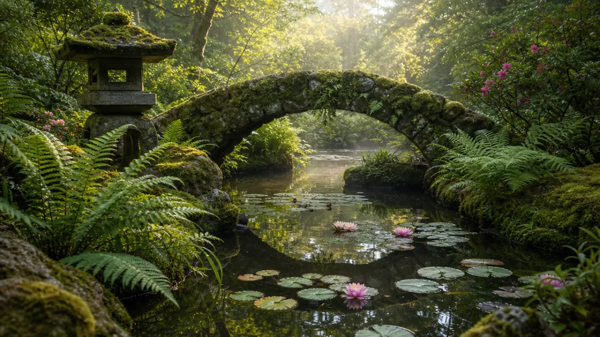 a small mossy garden pond with water lilies and a stone bridge…
