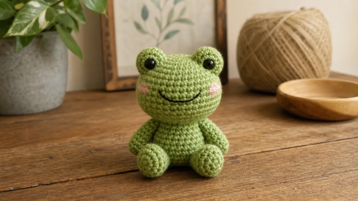 a handmade crocheted green amigurumi frog sitting on a wooden table, soft…