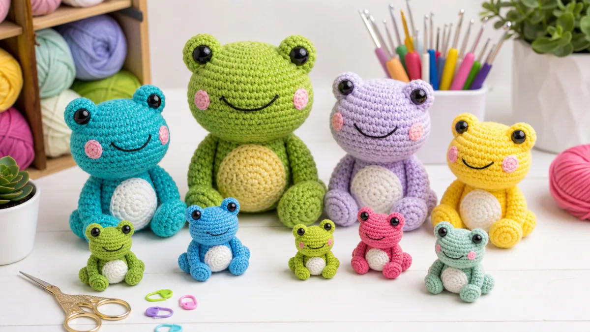 colorful amigurumi frogs in various sizes arranged on a white craft table,…