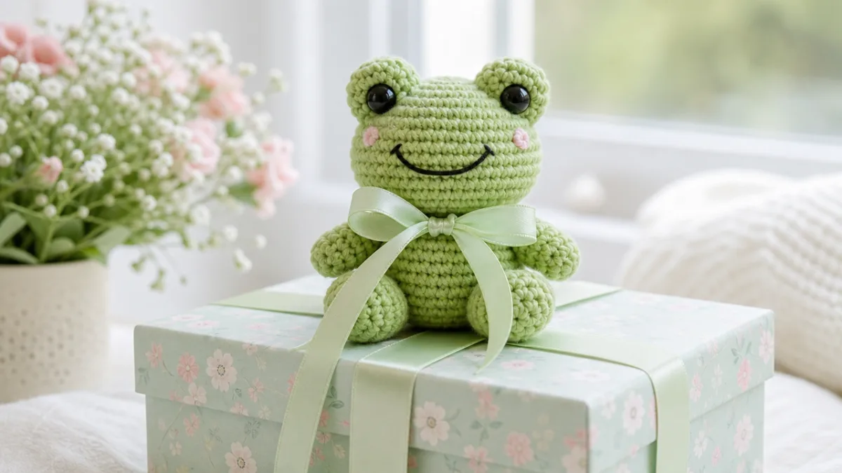 a crocheted green frog gift wrapped with ribbon on a pastel gift…