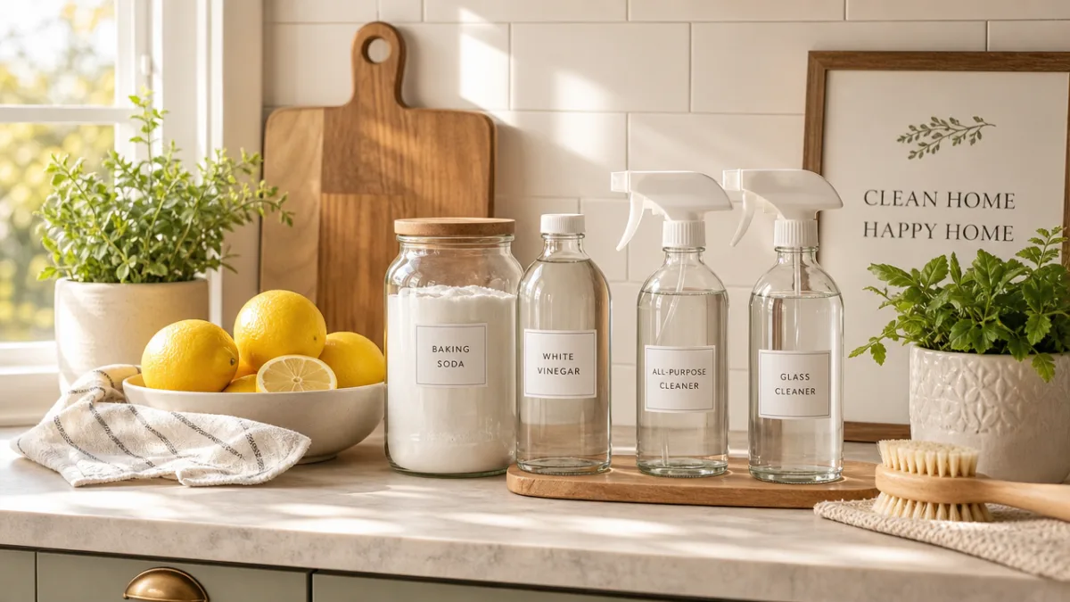 an organized kitchen counter with glass spray bottles, baking soda, white vinegar,…