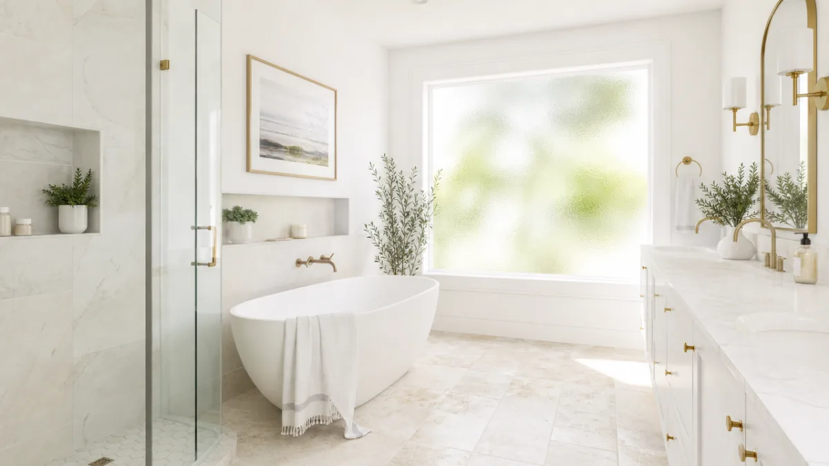 a sparkling clean white bathroom with natural stone tiles, sunlight streaming through…