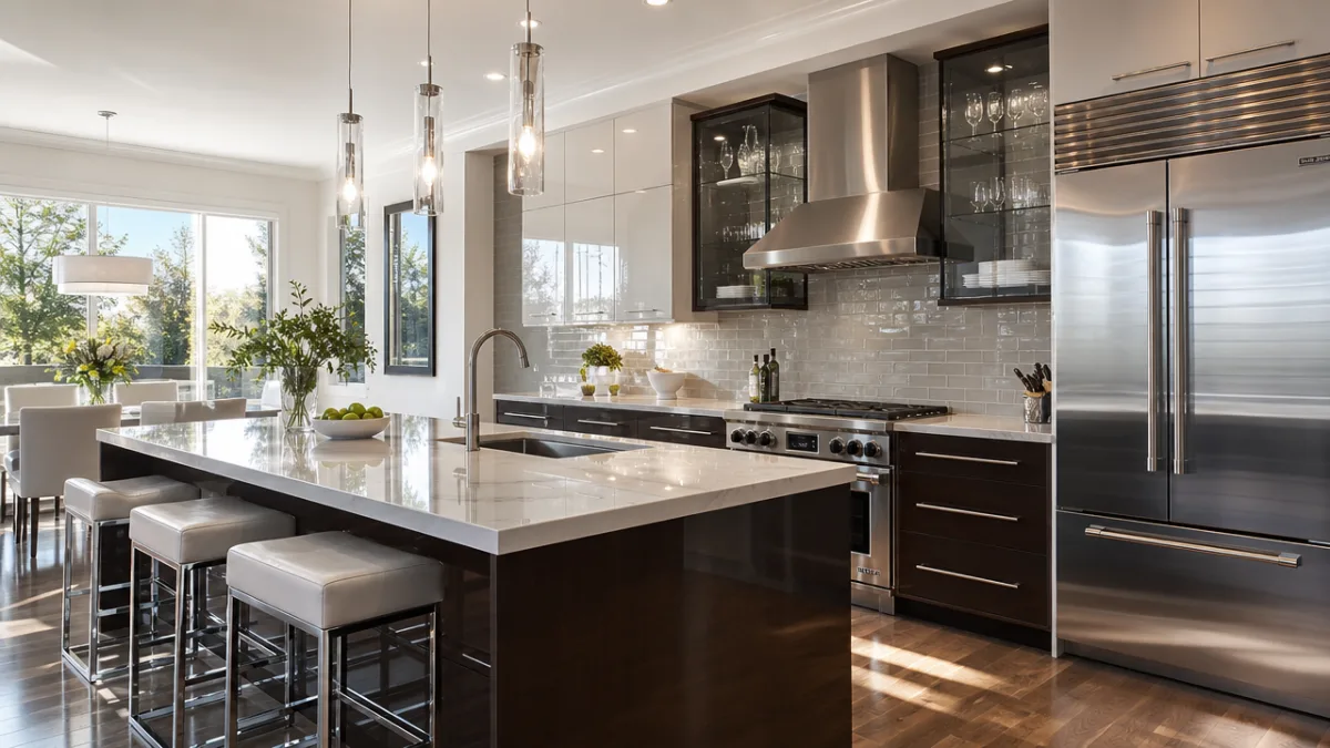 an elegant kitchen with gleaming stainless steel appliances and spotless glass surfaces…