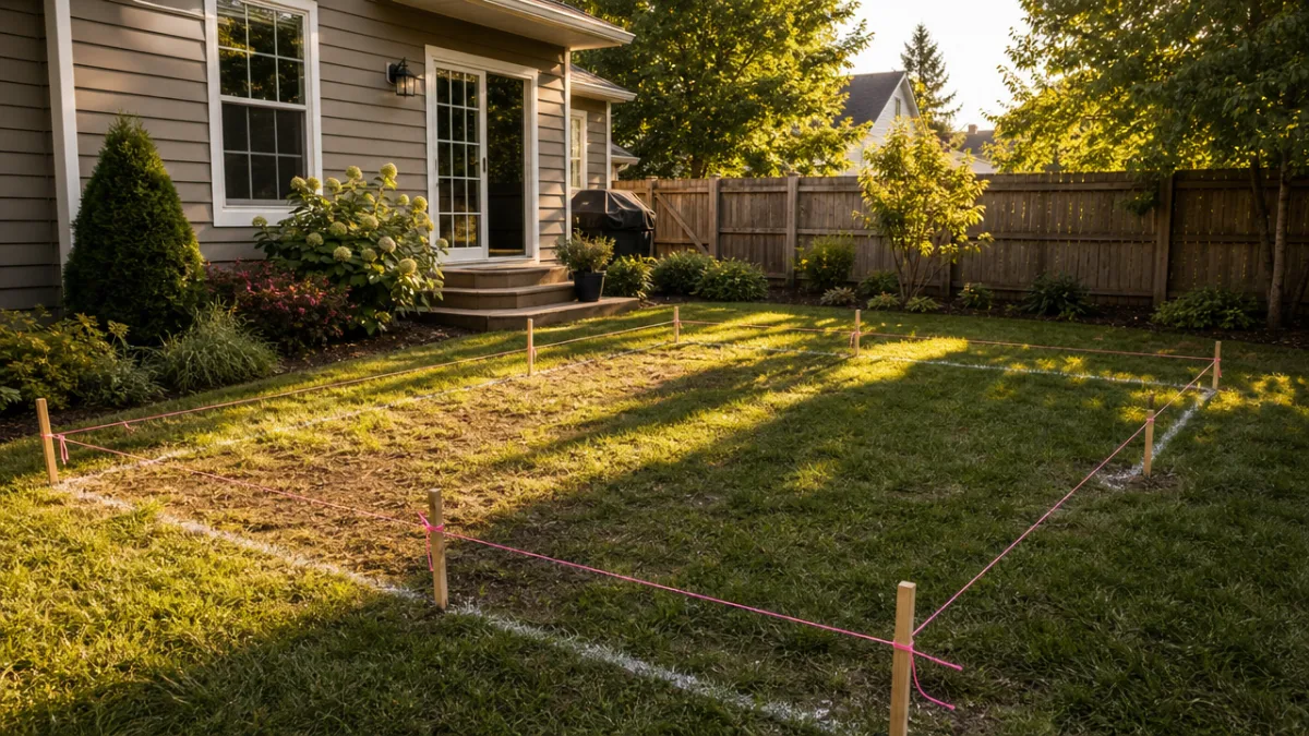 a suburban backyard with measuring stakes and string lines marking a planned…
