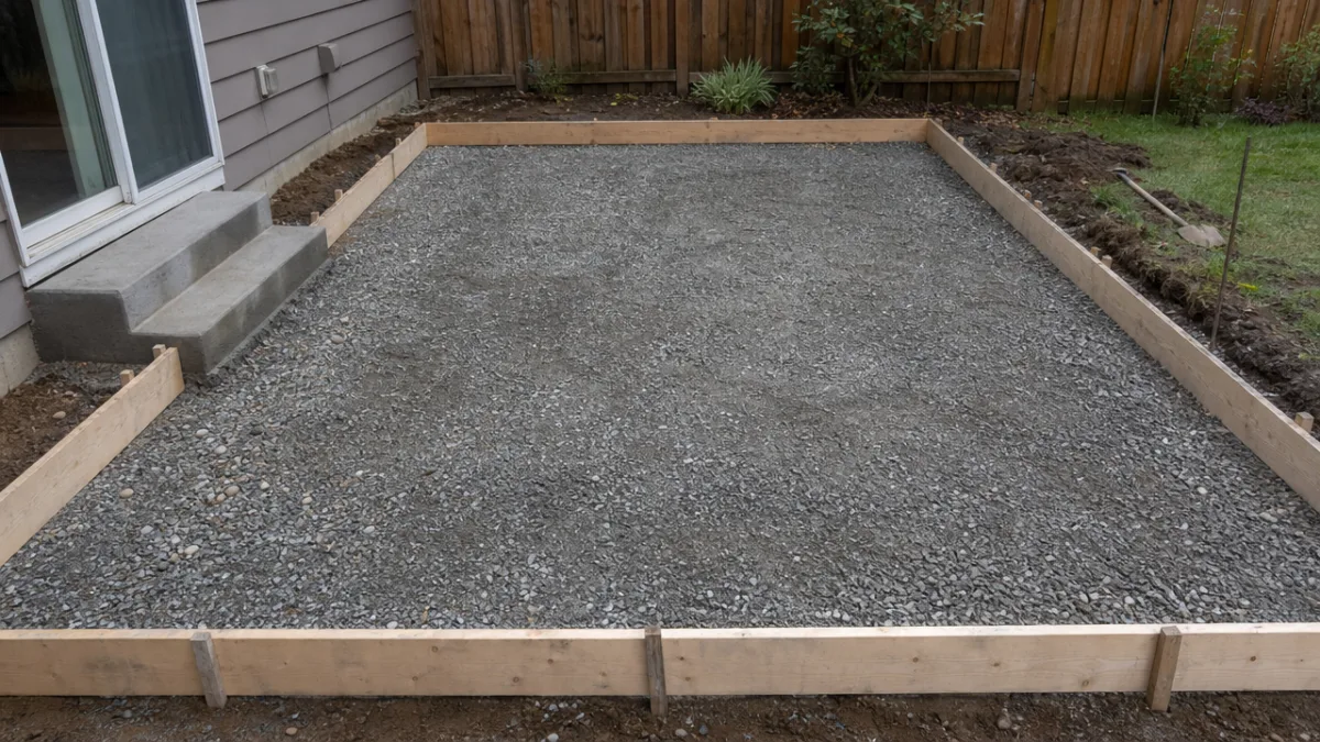 freshly excavated rectangular patio area with gravel base and wooden forms, overcast…