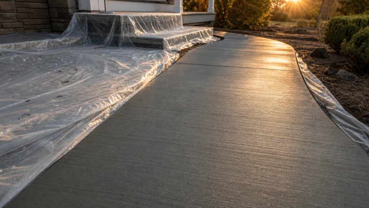 a smooth freshly finished concrete walkway with broom texture, covered partially with…