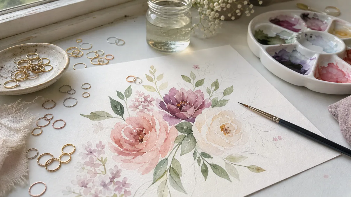 a watercolor floral painting in progress on white paper, surrounded by tiny…
