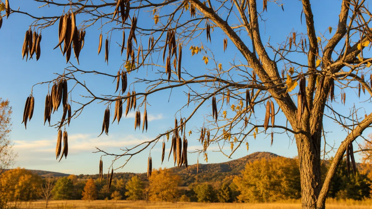 catalpa tree in autumn landscape with golden light, long seed pods hanging…
