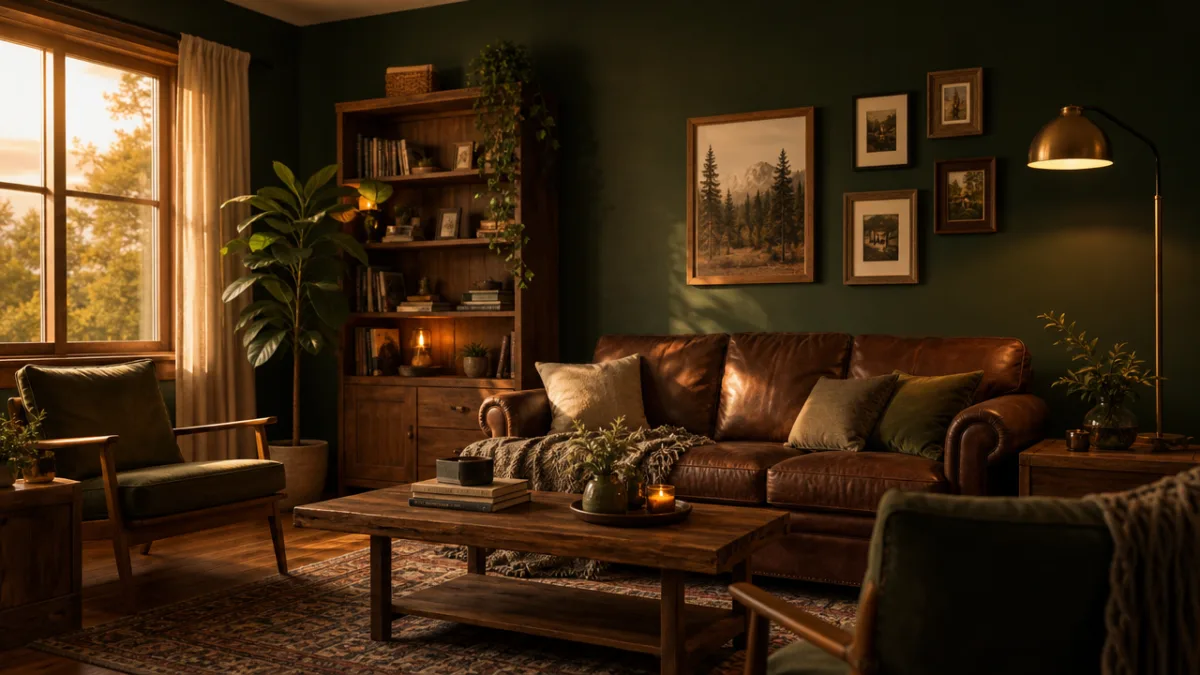 a cozy living room featuring deep forest green walls with warm wooden…