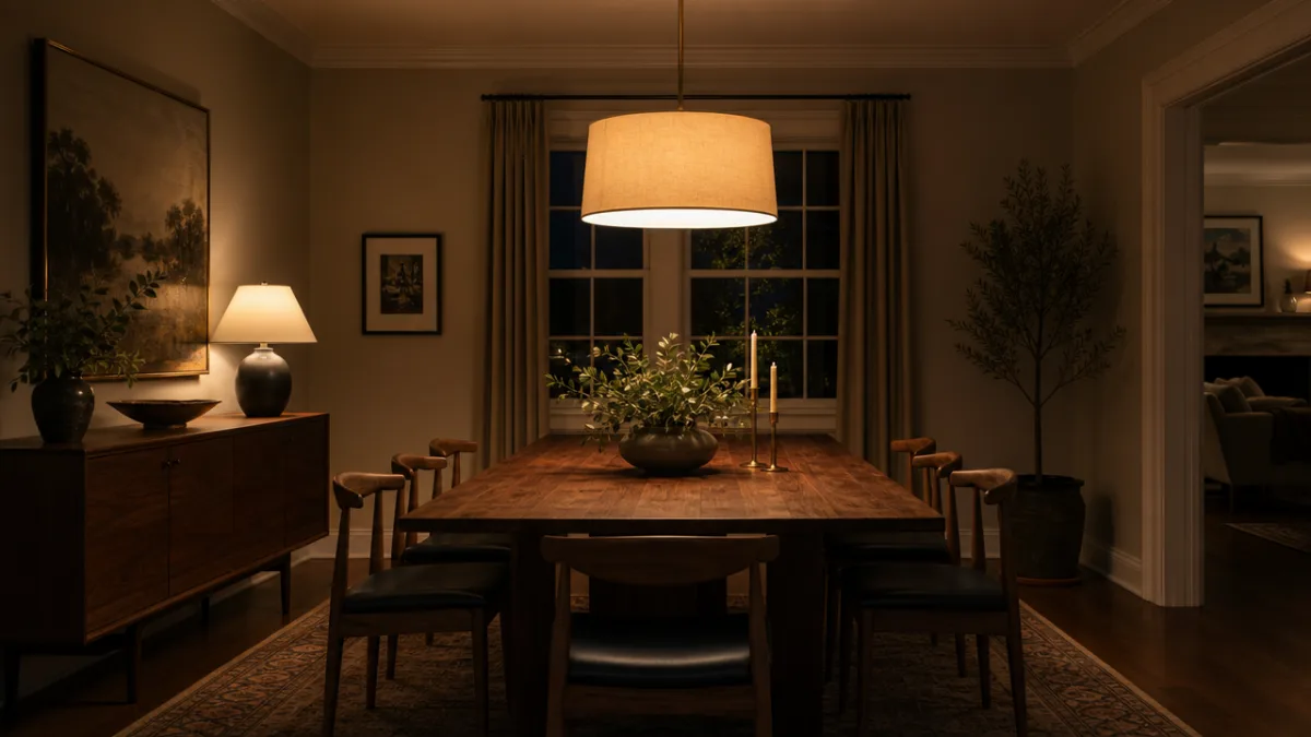 an elegant dining room illuminated by a warm pendant light over a…