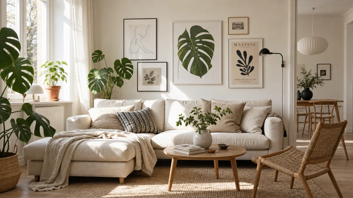 a bright Scandinavian-style living room with large monstera plants, gallery wall art,…