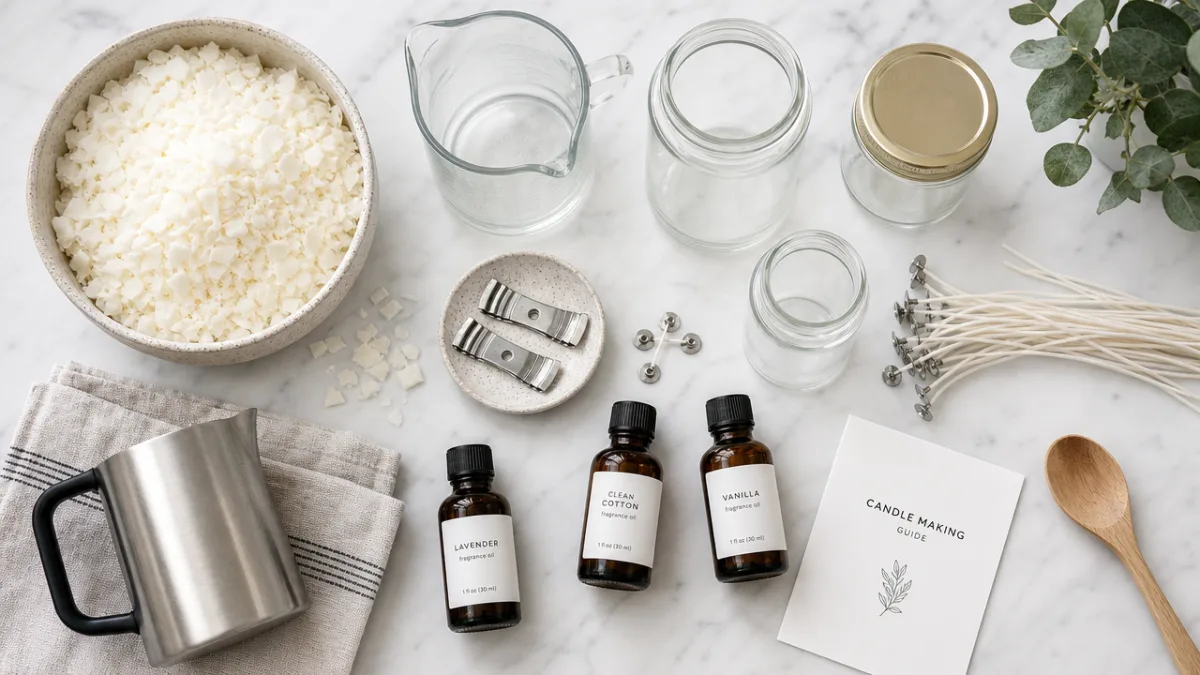 a flat lay of candle-making supplies including soy wax, glass jars, wicks,…