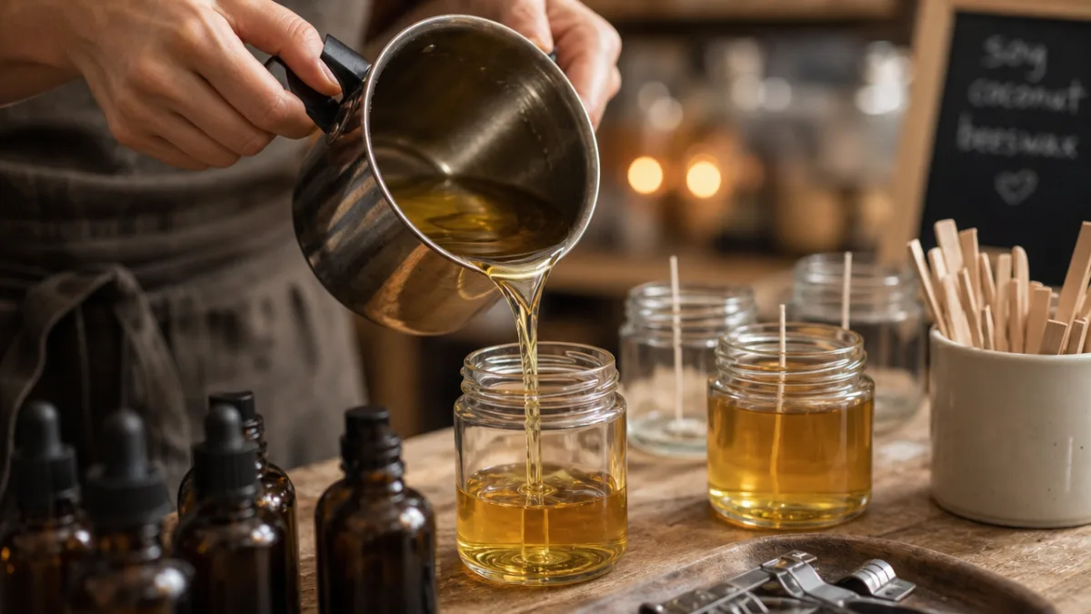 hands carefully pouring golden melted wax into glass jars with visible wicks,…