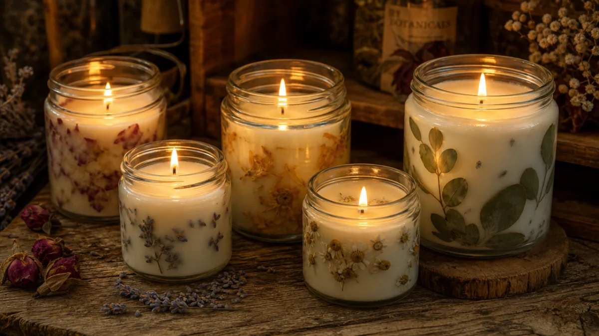 a collection of finished handmade candles in glass jars with natural botanicals,…