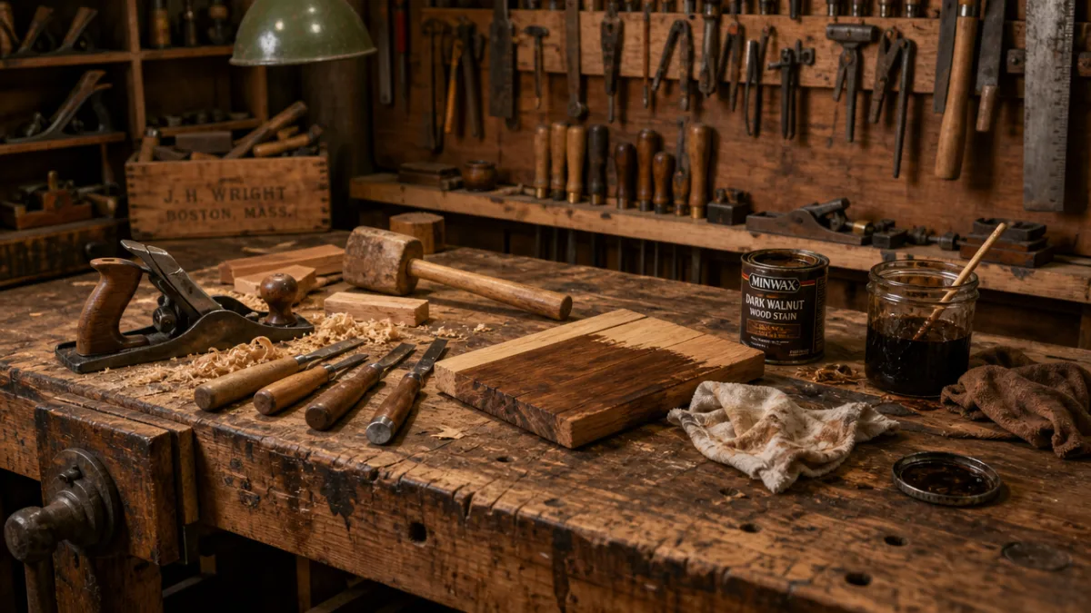 a rustic wooden workbench covered with hand tools, wood scraps, and staining…