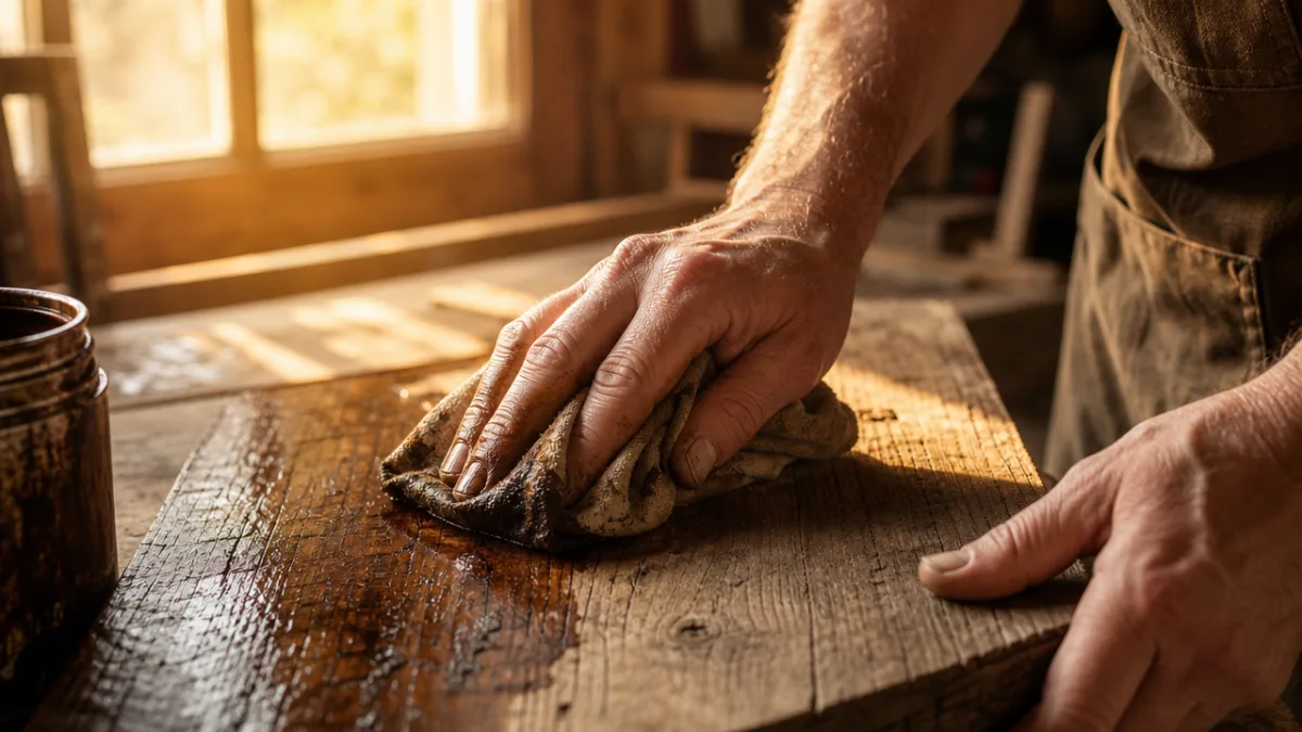 close-up of hands applying dark walnut wood stain to a reclaimed board…