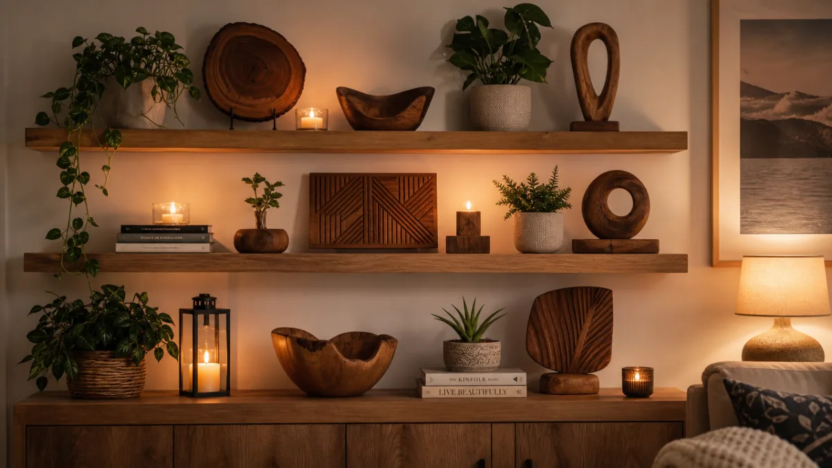 a beautifully styled living room shelf displaying handmade wooden decor pieces with…