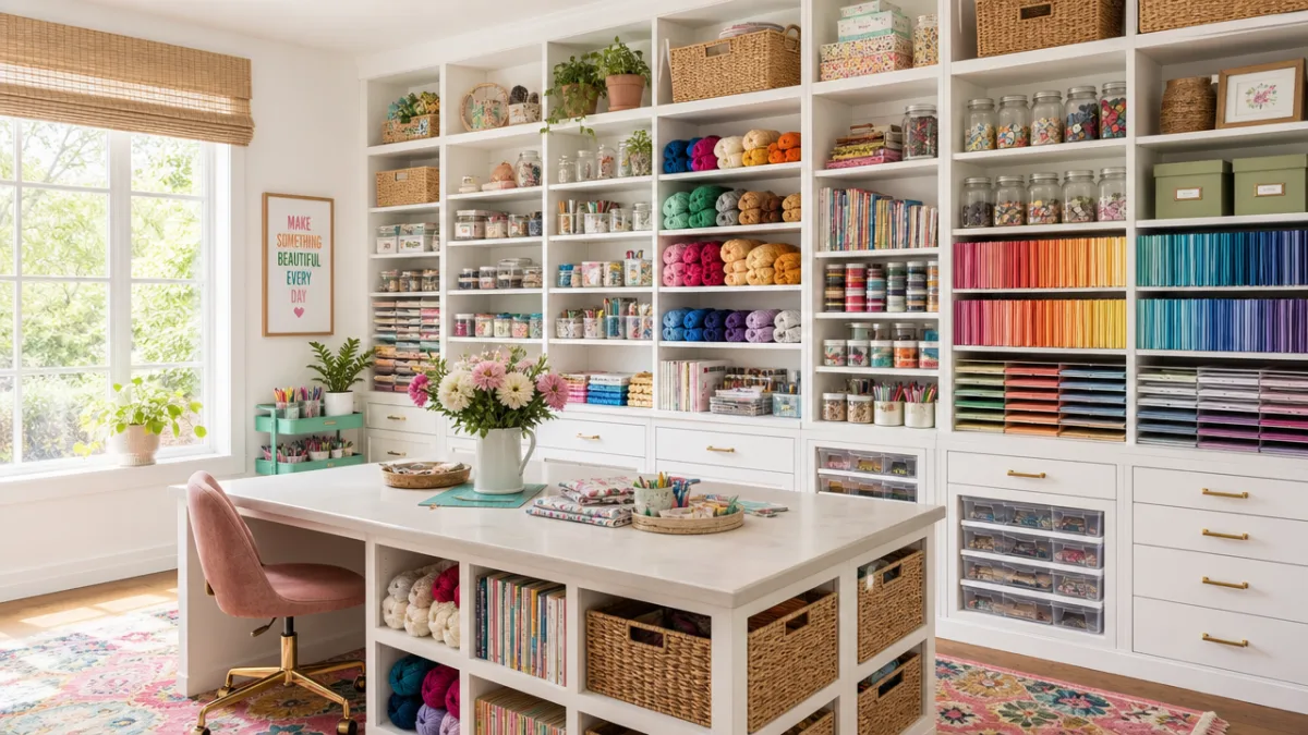 a bright craft room with floor-to-ceiling white shelving filled with organized colorful…