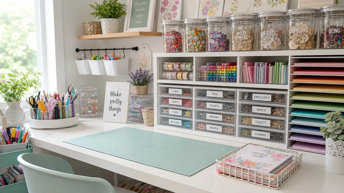 an organized craft desk with clear containers, labeled drawers, and colorful embellishments…