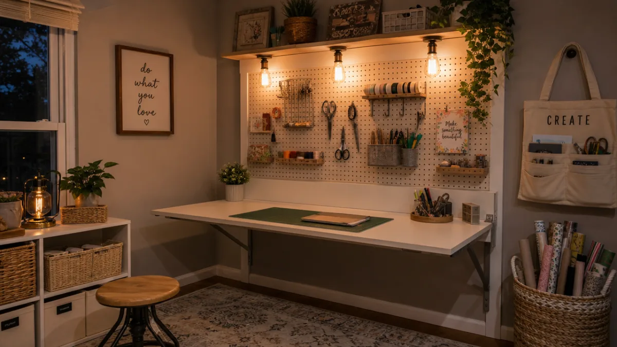 a tidy craft room corner with a fold-down table, pegboard tools, and…