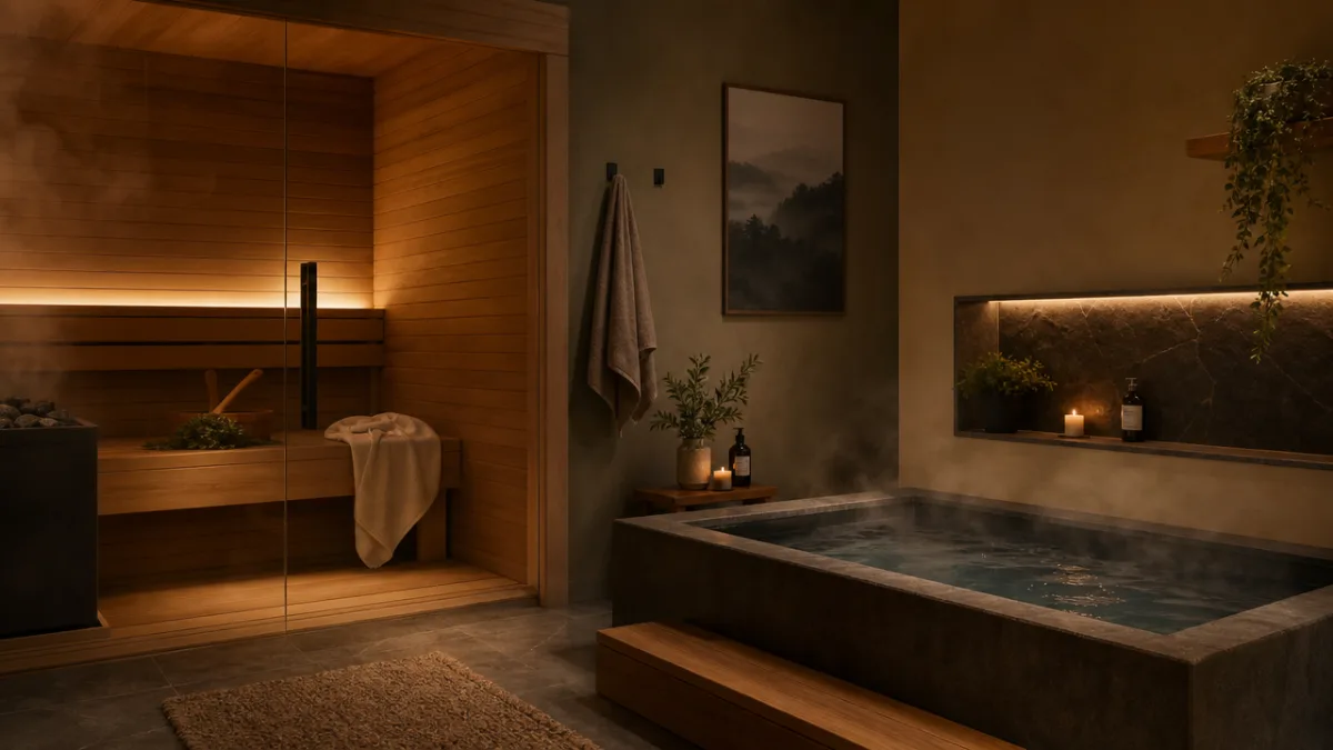 a serene home bathroom with a wooden sauna bench and a cold…