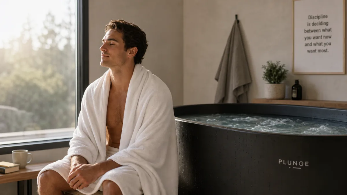 a person wrapped in a white towel sitting peacefully beside a cold…
