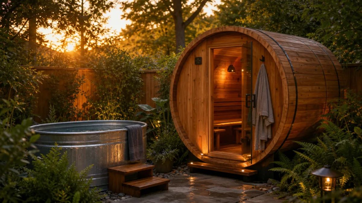 a backyard cedar barrel sauna beside a cold plunge tub at golden…