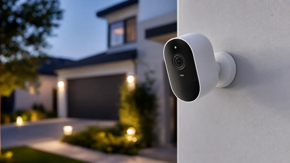 a modern home security camera mounted on a white exterior wall with…