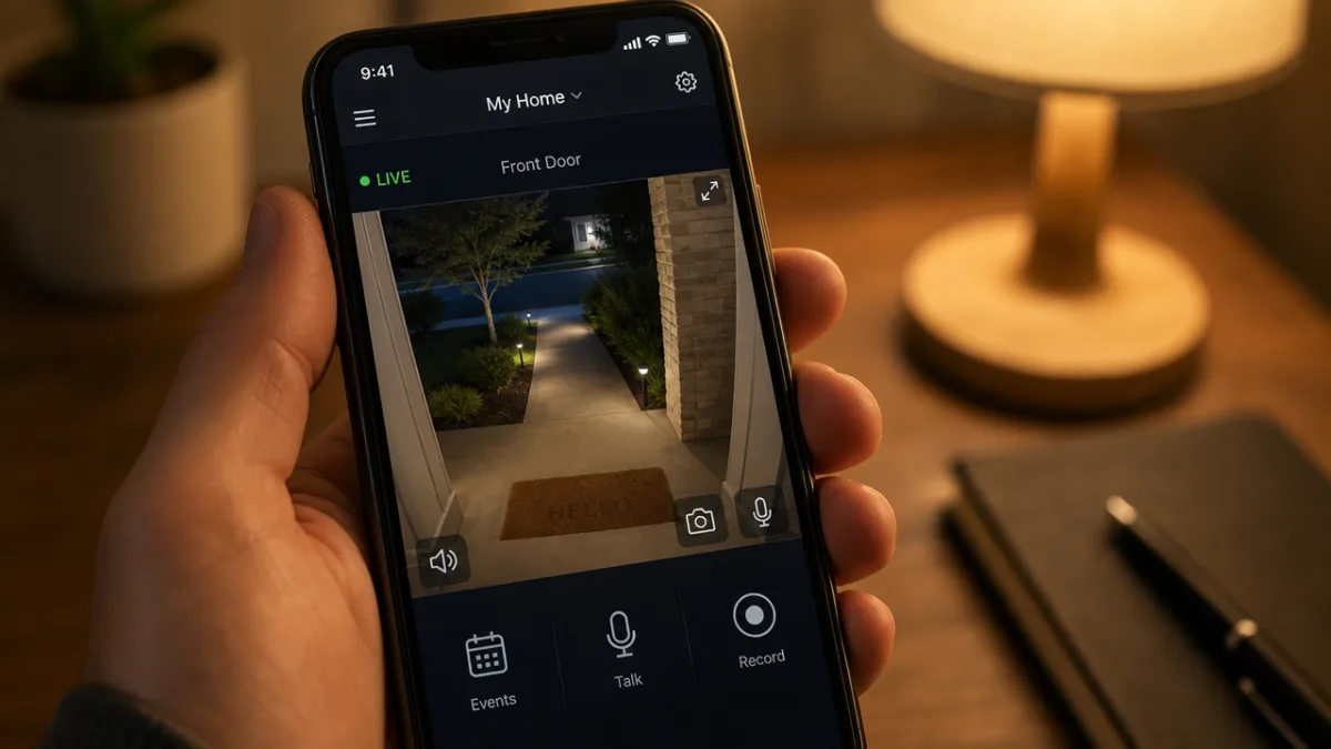 a close-up of a smartphone displaying a live security camera feed app,…