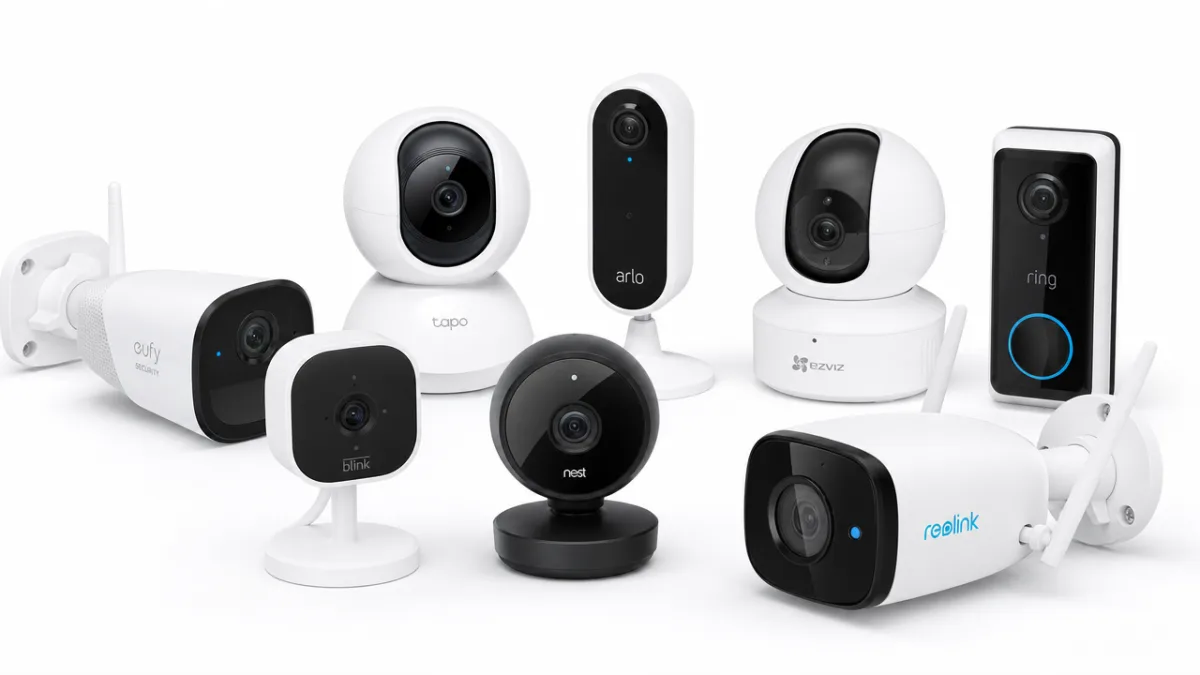 an assortment of modern WiFi security cameras displayed on a clean white…