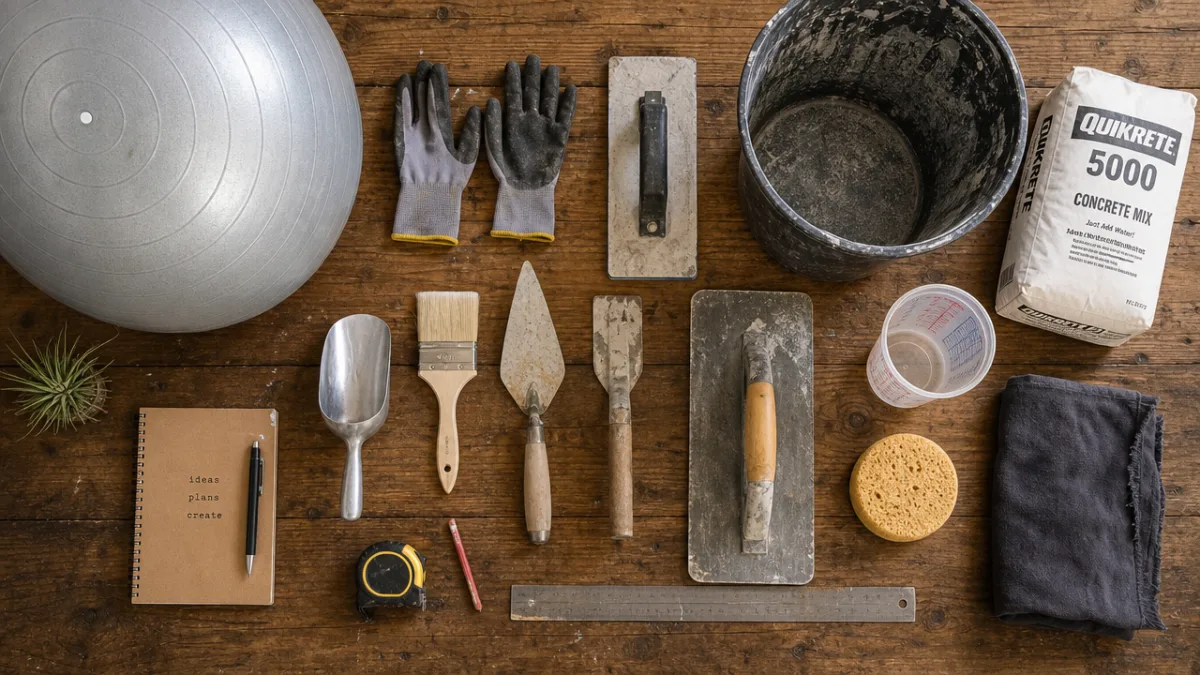 a flat lay of concrete tools, yoga ball, gloves, and mixing supplies…